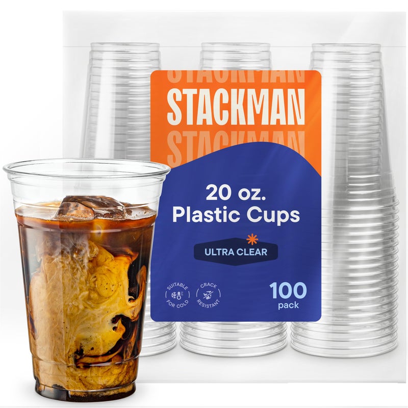 Stack Man [100 Pack - 20 oz.] Clear Disposable Plastic Cups PET Crystal Clear Disposable 20oz Plastic Cups - Image 1